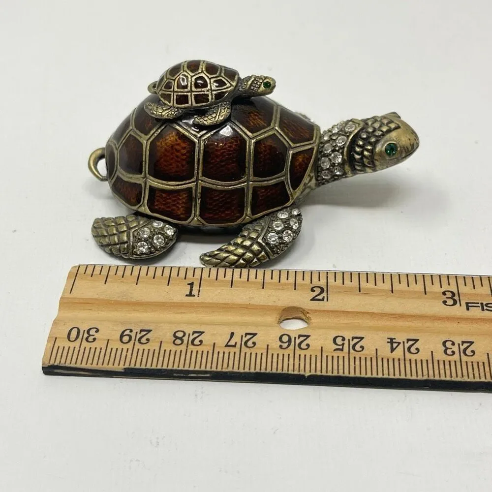 Sea Turtle & Baby Rhinestone Enamel Metal Trinket Pill Ring Box Hinged Magnetic